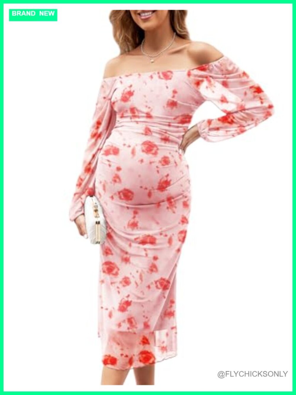 Mesh Maternity Dress Ruched Bodycon Fishtail Puff Sleeve Baby Shower